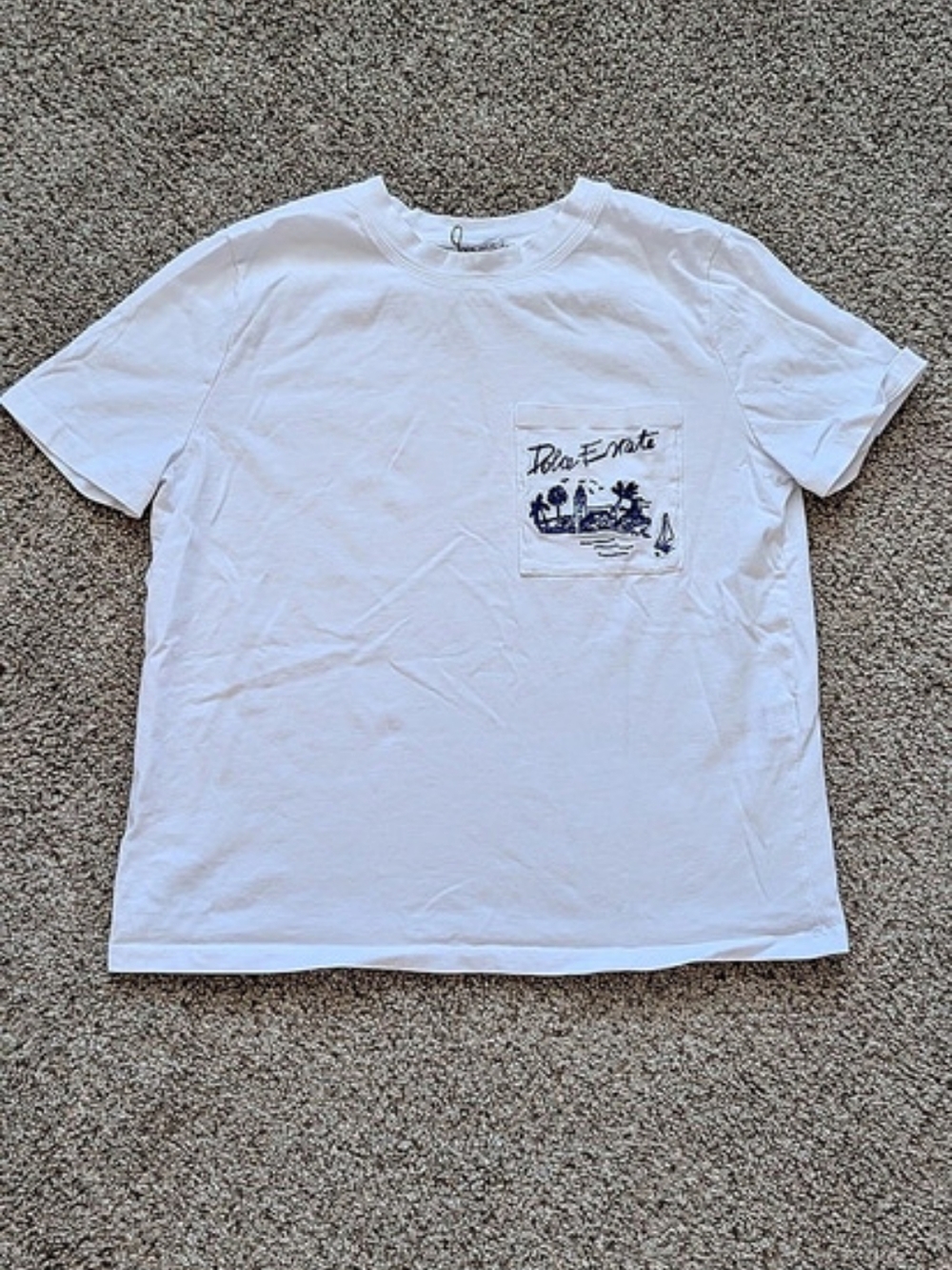 Zara Womens White Blue Dolce Exote Embroidered Pocket Cotton Crew Tee Size Small